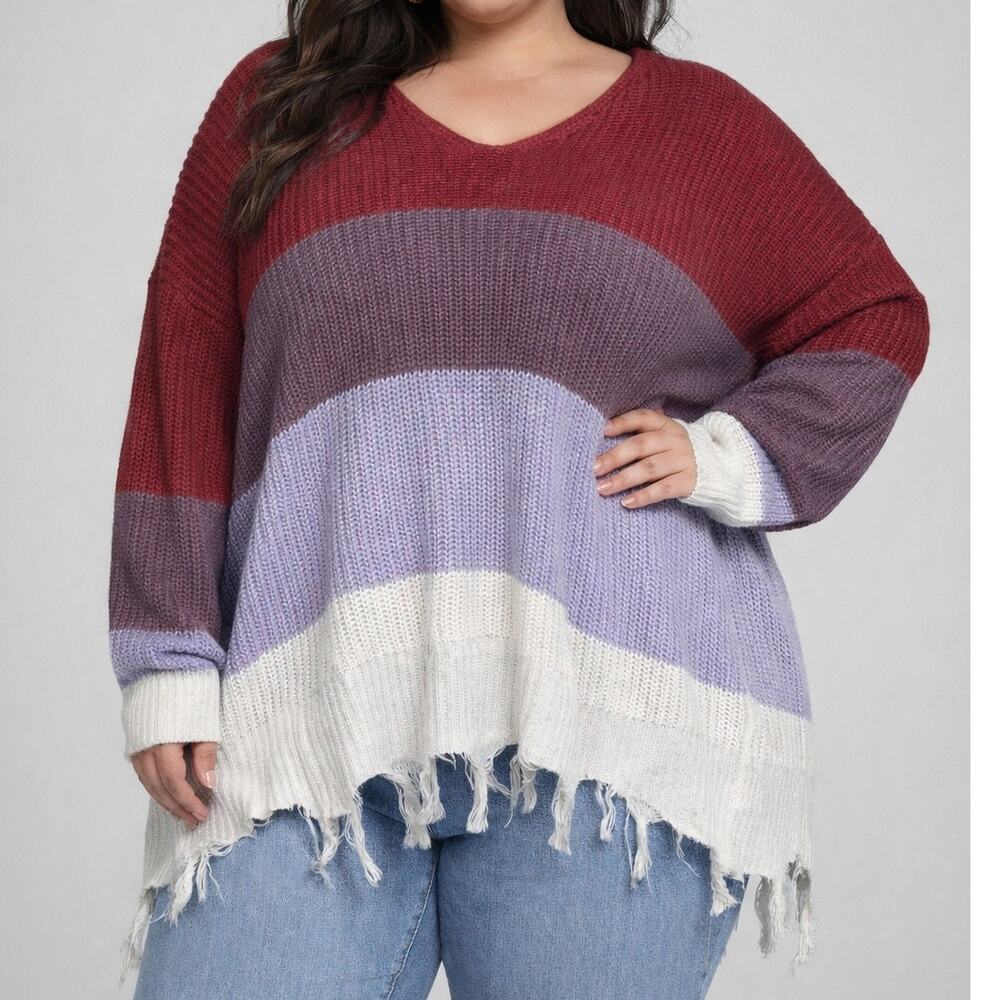 Rue21 Multicolor Striped Distressed Knit Sweater XL Fringe Hem Boho Cozy